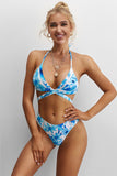 As shown Blue Floral Printed Wrap Bikini 2pcs Swimsuit LC410555-0