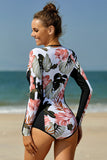 Black Floral Splicing Long Sleeve Zipper Surfing Rash Guard One-piece Swimwear LC481012-2