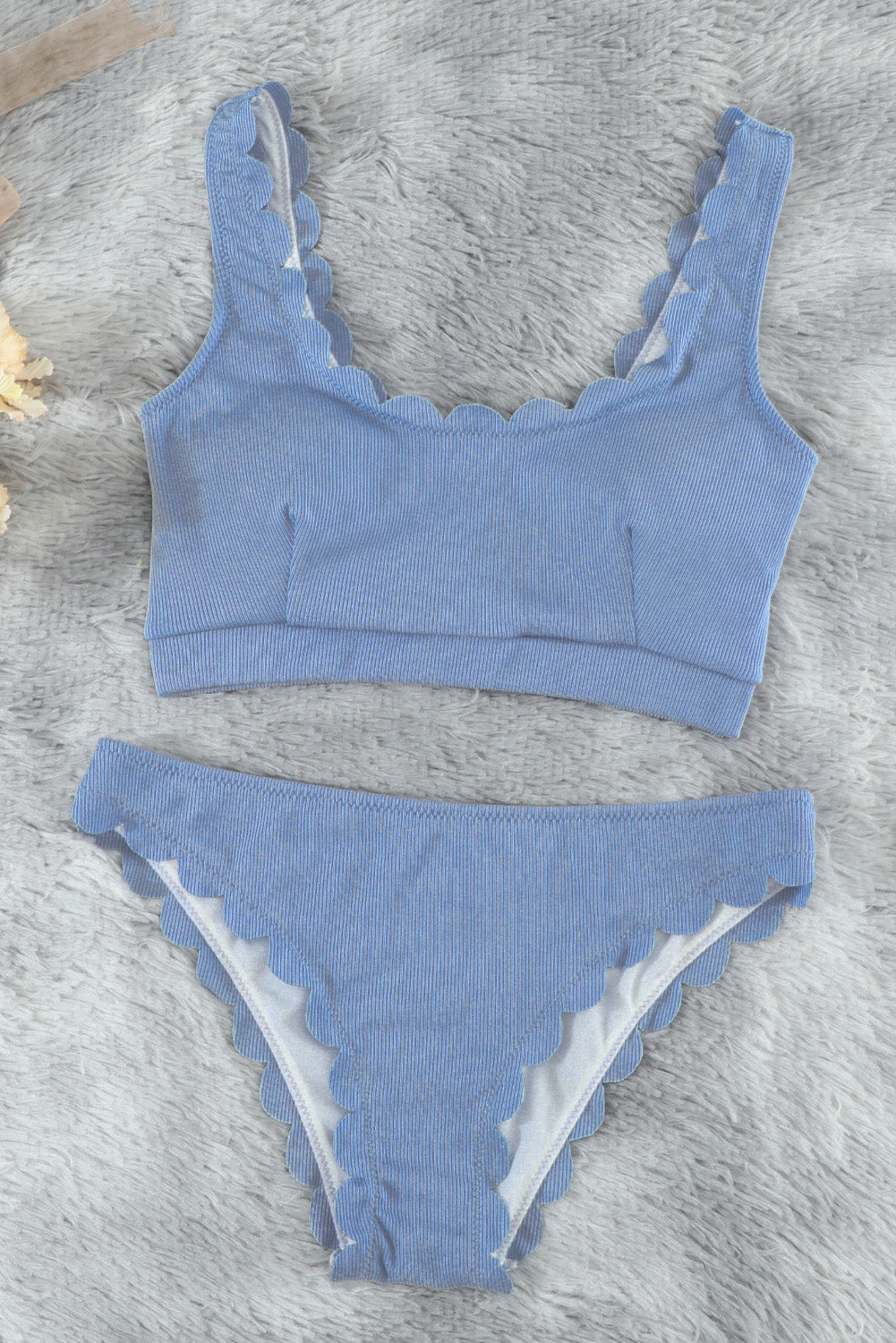 Blue White/Black/Blue/Yellow Scalloped Low Neck Ribbed Bikini Set LC43344-5