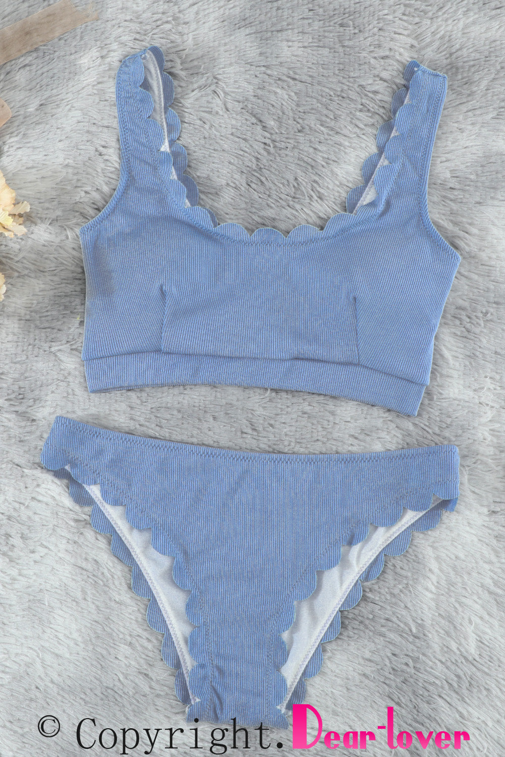Blue White/Black/Blue/Yellow Scalloped Low Neck Ribbed Bikini Set LC43344-5