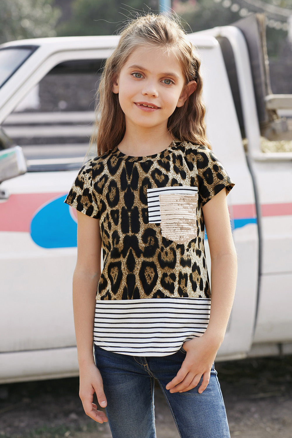 Leopard Green Camo/Gray/Orange/Leopard Print Splicing Stripes Girls’ T-shirt TZ25176-20