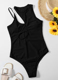 Black Women's Swimsuits Solid Padded Sleeveless Round Neck Adjustable Wire-free Sexy Summer One-piece Suit LC44784-2