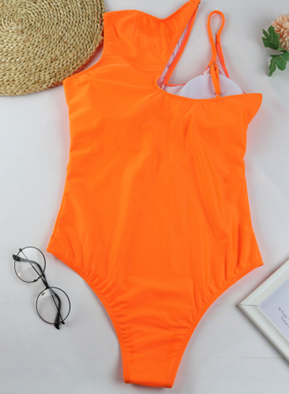 Orange Women's Swimsuits Solid Padded Sleeveless Round Neck Adjustable Wire-free Sexy Summer One-piece Suit LC44784-14