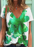 Women's T-shirts Clover-print Short Sleeve V Neck Daily Casual T-shirt