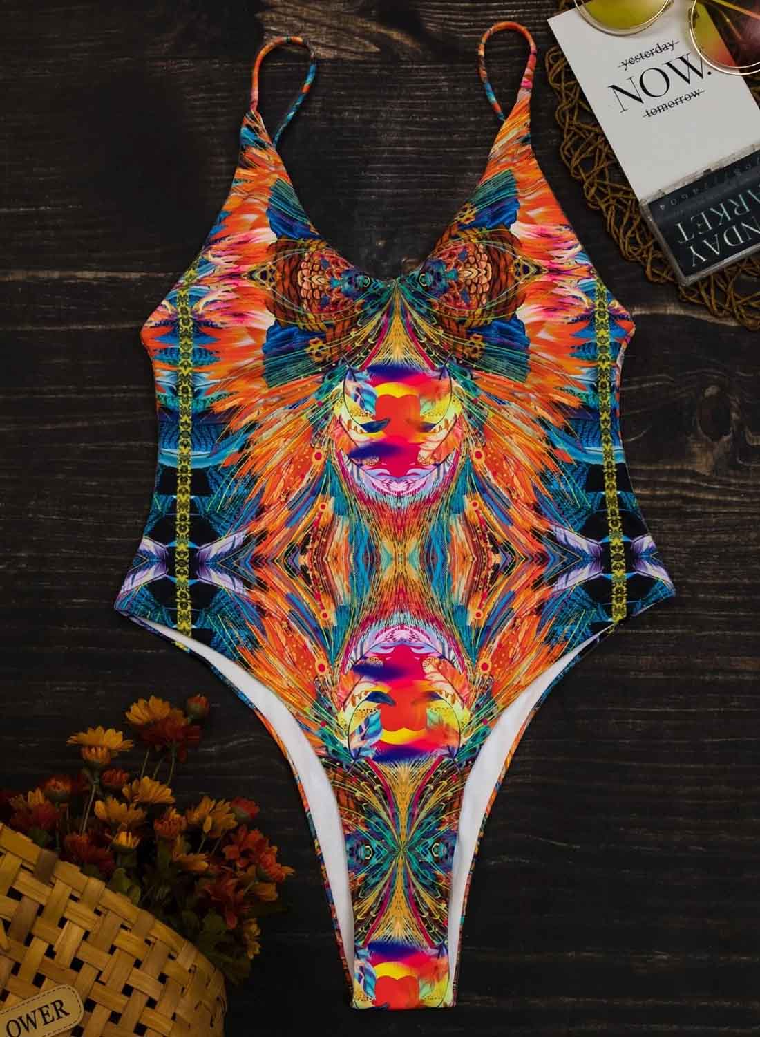 Multicolor Women's One-Piece Swimsuits Boho Multicolor Sleeveless Padded Adjustable Spaghetti One-Piece Swimsuit LC44816-22