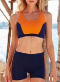 Orange Women's Bikinis Color Block Mid Waist Sleeveless U Neck Padded Unadjustable Wire-free Beach Casual Bikini Suit LC431017-14