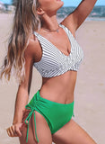 Green Women's Bikinis Striped Mid Waist Sleeveless Spaghetti Padded Unadjustable Wire-free Beach Knot Casual Bikini Suit LC431028-9