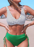 Women's Bikinis Striped Mid Waist Sleeveless Spaghetti Padded Unadjustable Wire-free Beach Knot Casual Bikini Suit