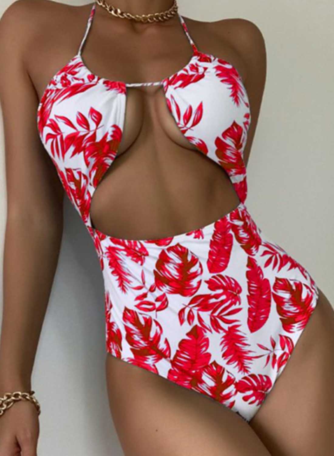 Red Women's One-piece Swimsuits Fruits & Plants Cut-out Padded Sleeveless Halter Unadjustable Wire-free Sexy Swimsuits LC44831-3