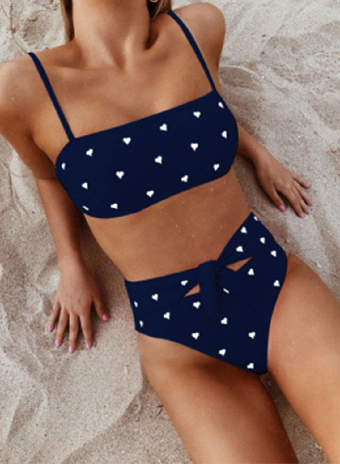 Blue Women's Bikini Sets Knot Heart-shaped Mid Waist Sleeveless Adjustable Spaghetti Padded Beach Two-piece Bikini Set LC431053-5