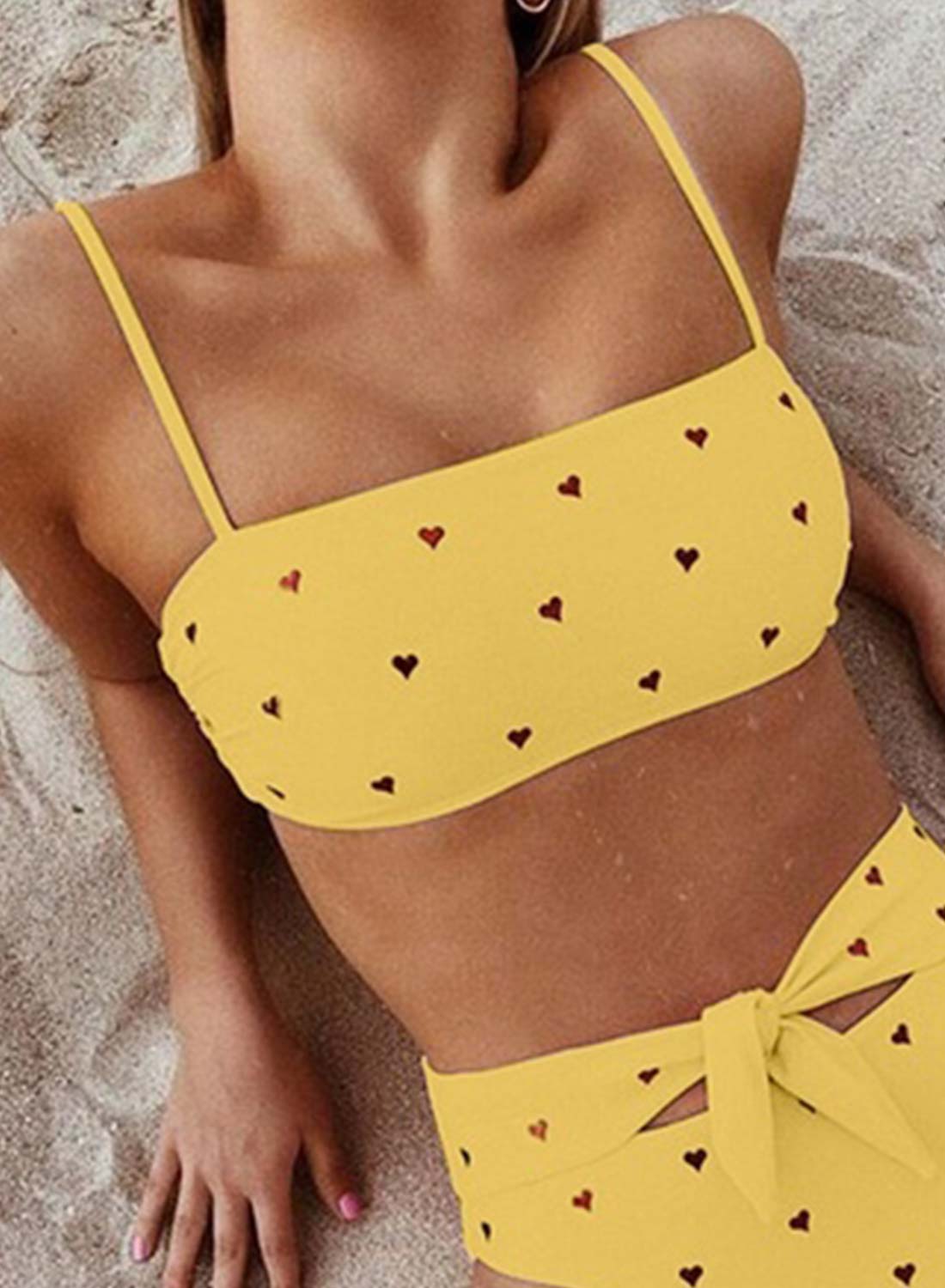 Yellow Women's Bikini Sets Knot Heart-shaped Mid Waist Sleeveless Adjustable Spaghetti Padded Beach Two-piece Bikini Set LC431053-7