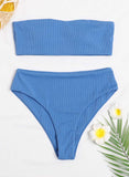 Blue Women's Bikinis Solid Sleeveless Unadjustable Off Shoulder Padded Vacation Sexy Bikini LC431098-5