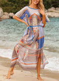 Multicolor Women's Maxi Dress Geometric Color Block Round Neck Shift Belt Short Sleeve Summer Beach Maxi Dress LC42496-22