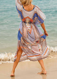 Multicolor Women's Maxi Dress Geometric Color Block Round Neck Shift Belt Short Sleeve Summer Beach Maxi Dress LC42496-22
