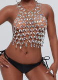 Silver Women's Tank Tops Abstract Halter Sleeveless Rhinestones Cropped Summer Party Vacation Sexy Tops LC2517327-13