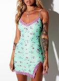 Green Women's Dress Floral Bodycon Spaghetti Sleeveless Lace Summer Party Daily Sexy Mini Dress LC225501-9