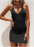Black Women's Dress Solid Bodycon Halter Sleeveless Open-back Summer Daily Sexy Mini Dress LC225502-2