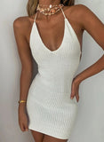White Women's Dress Solid Bodycon Halter Sleeveless Open-back Summer Daily Sexy Mini Dress LC225502-1