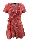 Red Women's Dress Floral A-line V Neck Short Sleeve Wrap Summer Daily Casual Mini Dress LC225507-3