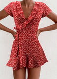 Red Women's Dress Floral A-line V Neck Short Sleeve Wrap Summer Daily Casual Mini Dress LC225507-3