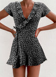Black Women's Dress Floral A-line V Neck Short Sleeve Wrap Summer Daily Casual Mini Dress LC225507-2