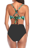 Green Women's Bikinis Floral High Waist Sleeveless Cut-out Spaghetti Padded Unadjustable Wire-free Beach Casual Bikini Suit LC431243-9