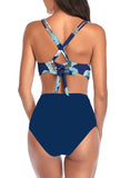 Blue Women's Bikinis Floral High Waist Sleeveless Cut-out Spaghetti Padded Unadjustable Wire-free Beach Casual Bikini Suit LC431243-5