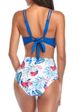 Sky Blue Women's Bikinis Floral High Waist Sleeveless Cut-out Spaghetti Padded Unadjustable Wire-free Beach Casual Bikini Suit LC431243-4