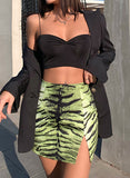 Green Women's Skirts Color Block Tiger Pattern High Waist Party Split Zip Slim Mini Skirt LC65600-9