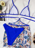 Blue Women's Swimsuits Color Block Sleeveless Halter 3-piece Swimsuit LC412480-5