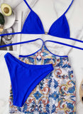 Blue Women's Swimsuits Color Block Sleeveless Halter 3-piece Swimsuit LC412480-5