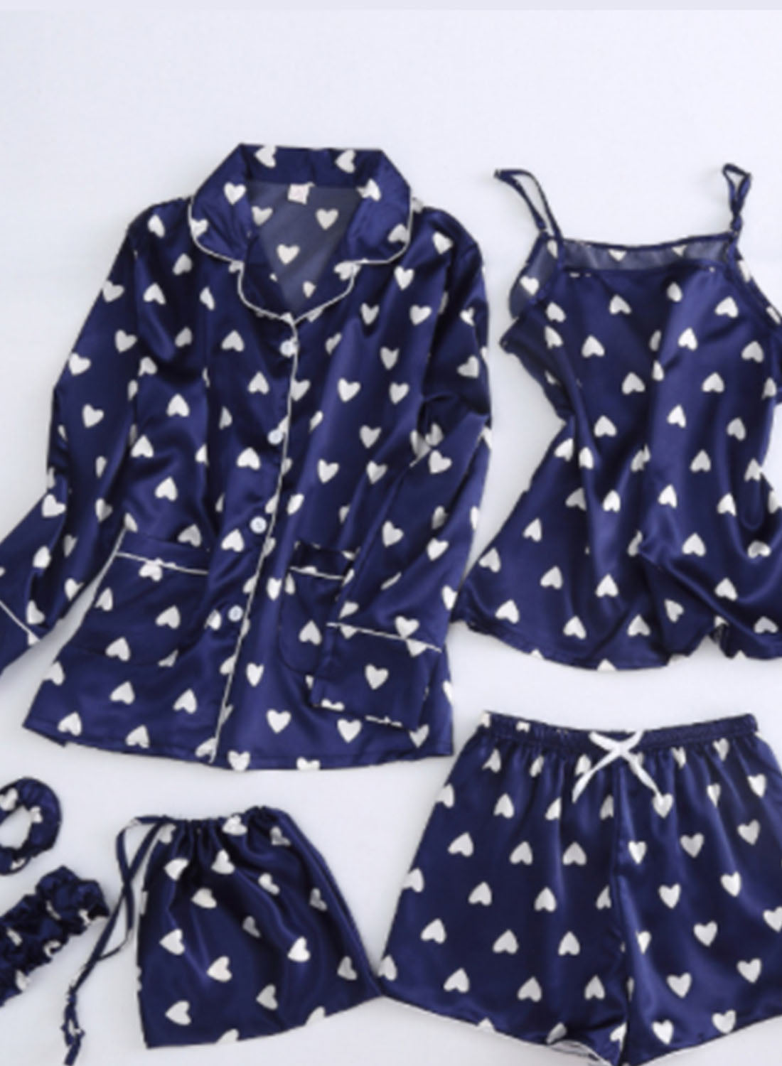 Blue Women's Loungewear Sets Heart-shaped Long Sleeve Turn Down Collar Ankle-length Casual 4-Piece Loungewear Sets LC4511524-5