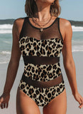 Black Women's One-piece Swimsuits Leopard Mesh Padded Sleeveless Round Neck Unadjustable Wire-free Sexy Swimsuits LC44911-2