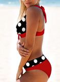 Red Women's Bikinis Polka Dot Color Block Low Rise Sleeveless Halter Padded Adjustable Wire-free Knot Beach Bikinis LC431320-3