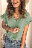 Green White/Black/Green/Pink V Neck Ruffle Short Sleeve T-shirt LC2522637-9