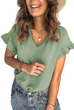 Green White/Black/Green/Pink V Neck Ruffle Short Sleeve T-shirt LC2522637-9