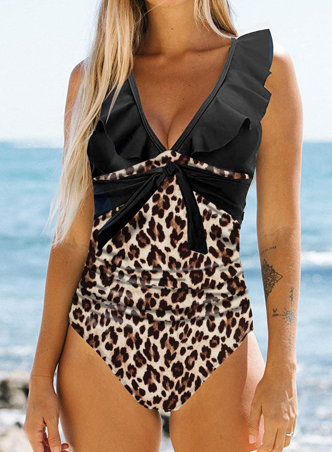 Black Women's One-piece Swimsuits Leopard Padded Ruffle Sleeveless V Neck Adjustable Wire-free Sexy Swimsuits LC44978-2