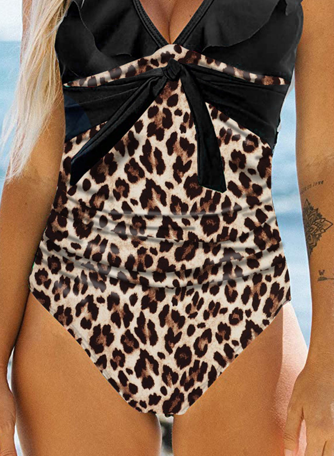 Black Women's One-piece Swimsuits Leopard Padded Ruffle Sleeveless V Neck Adjustable Wire-free Sexy Swimsuits LC44978-2