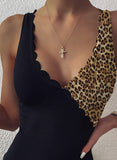 Black Women's Swimsuits Color Block Leopard Padded Sleeveless Unadjustable One-piece Swimsuit LC44993-2