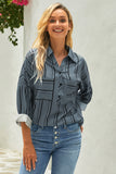 Gray White/Blue/Green Striped Buttoned Down Blouse LC252726-11