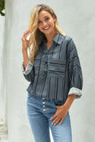 Gray White/Blue/Green Striped Buttoned Down Blouse LC252726-11