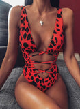 Women's Swimsuits Leopard Knot Cut-out Padded Sleeveless Adjustable Deep V Neck One-piece Swimsuit