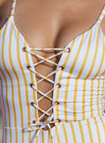 Yellow Women's Swimsuits Criss Cross Knot Drawstring Striped Padded Sleeveless Adjustable V Neck One-piece Swimsuit LC441007-7
