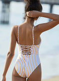 Yellow Women's Swimsuits Criss Cross Knot Drawstring Striped Padded Sleeveless Adjustable V Neck One-piece Swimsuit LC441007-7