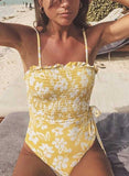 Yellow Women's Swimsuits Floral Ruffle Padded Spaghetti Wire-free Adjustable One-piece Swimsuit LC441012-7
