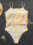 Yellow Women's Swimsuits Floral Ruffle Padded Spaghetti Wire-free Adjustable One-piece Swimsuit LC441012-7