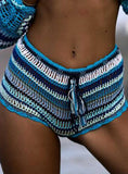 Sky Blue Women's Swim Shorts Color Striped Crochet Knit Swimming Shorts LC472079-4