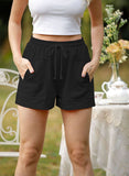 Black Women's Shorts Solid Pocket Drawstring High Waist Straight Casual Daily Shorts LC771873-2