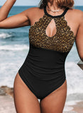 Black Women's Swimsuits Leopard Padded Halter Unadjustable Wire-free Cut-out One-piece Swimsuit LC441051-2