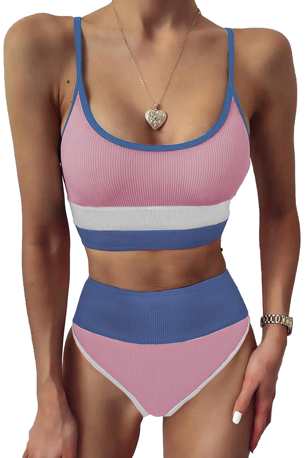 Pink White/Black/Pink/Apricot Spaghetti Straps Colorblock Ribbed High Waist Bikini LC43339-10